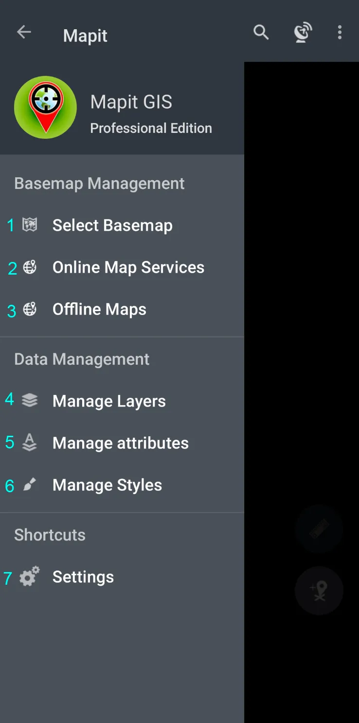 Mapit GIS Professional - Navigation Drawer